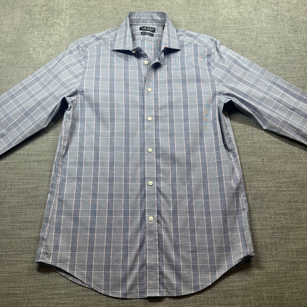 Lauren Ralph‎ Lauren Dress Shirt Mens 15.5 32/33 M Blue Plaid Slim Performance